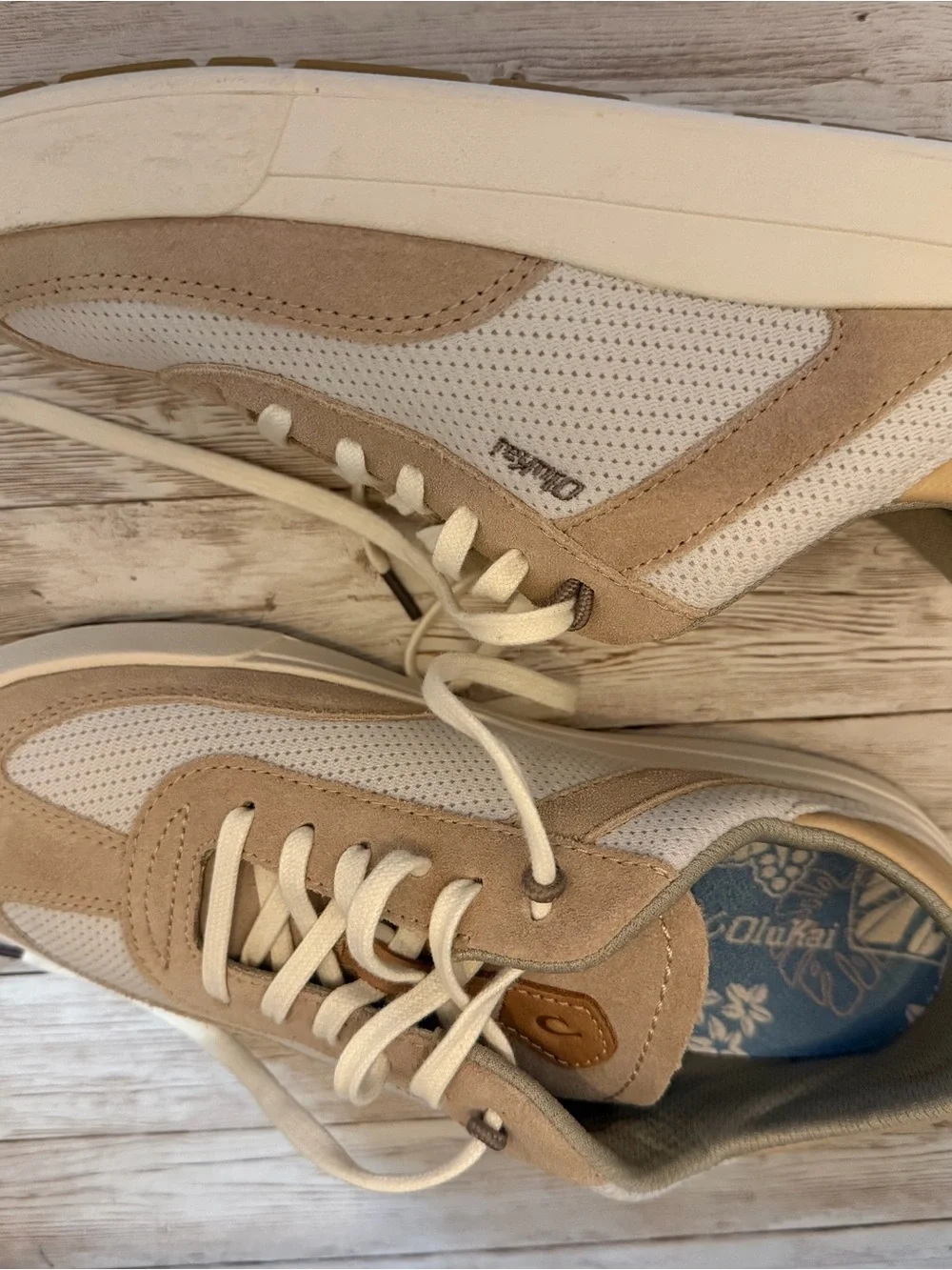 OluKai Beige and White Women's Lace-Up Sneakers